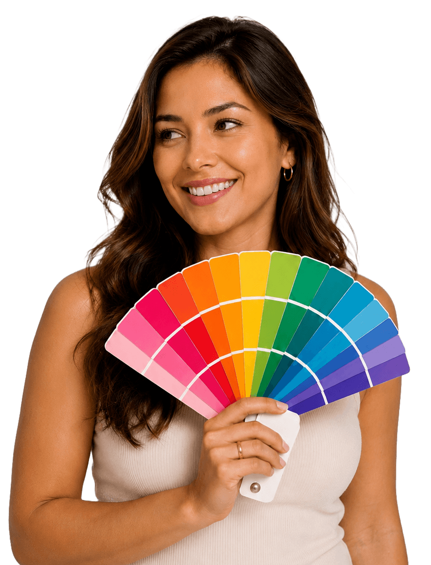 Smiling woman holding a fan of color swatches